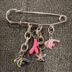 Silver Fish Charm Safety Pin Brooch